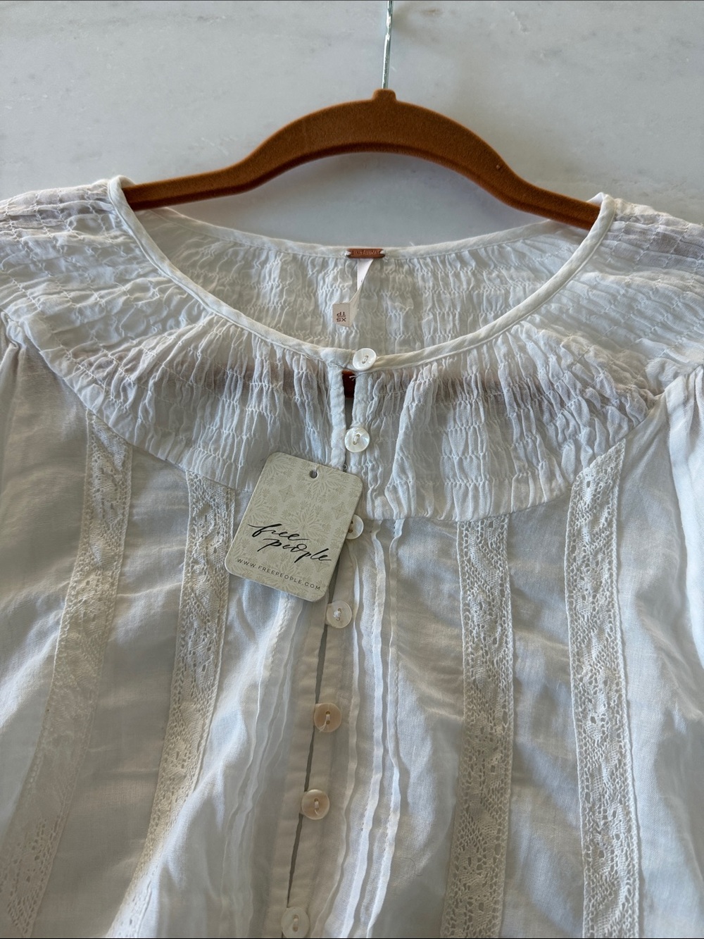 NWT Free People White Lace-Trim Button Down Peasant Blouse - Picture 11 of 13